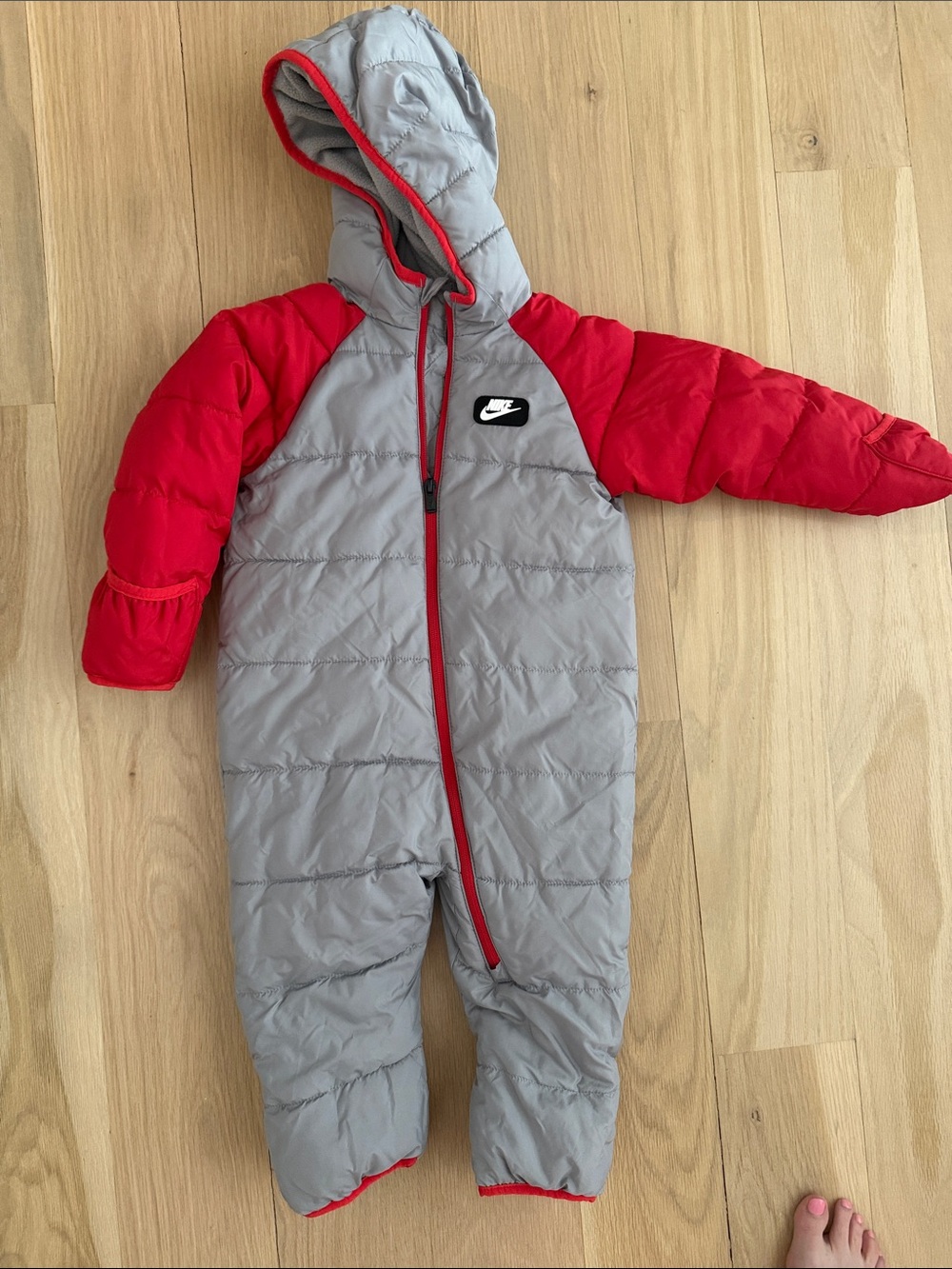 Nike Gray and Red Hooded Puffer One-Piece Footie